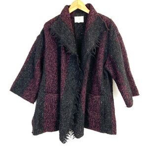 IRO Beverly Black Burgundy Wool Blend Stripe Open Front Coat